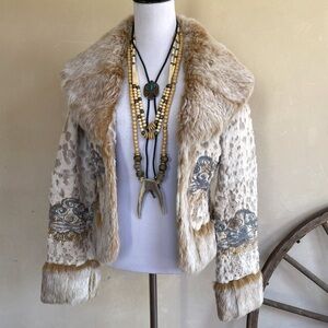 Beautiful Soft Fur-on leather Jacket w/fur trim Embroidery Sequins M RARE NICE!!